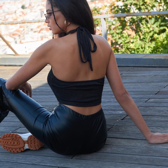 Cut Out Halter Crop Top Boho Chic Lilac Black - Picture 11 of 12